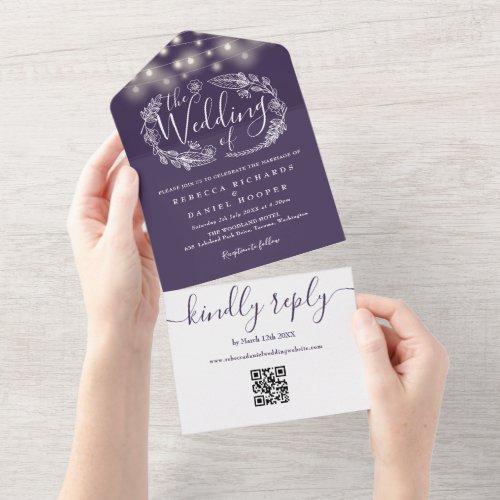 Purple String Lights Floral QR Code Wedding All In One Invitation