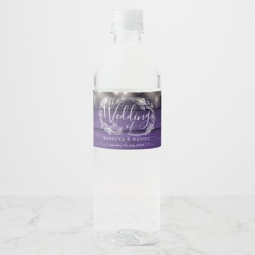 Purple String Lights Floral Rustic Wood Wedding Water Bottle Label