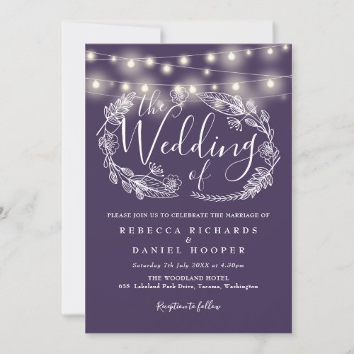 Purple String Lights Floral Script Wedding Invitation