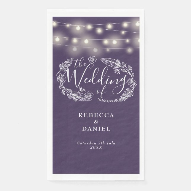 Purple String Lights Floral Script Wedding Paper Guest Towels (Front)