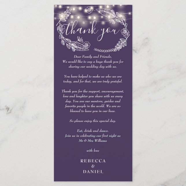 Purple String Lights Floral Thank You Place Card (Front)