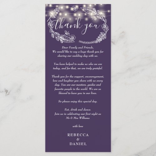 Purple String Lights Floral Thank You Place Card