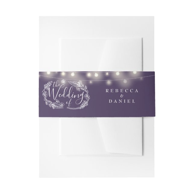 Purple String Lights Floral Wedding Invitation Belly Band (Front Example)