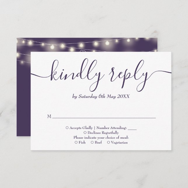 Purple String Lights Floral Wedding RSVP Card (Front/Back)
