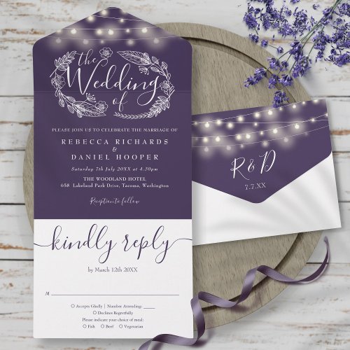 Purple String Lights Foliage Floral Wedding All In One Invitation