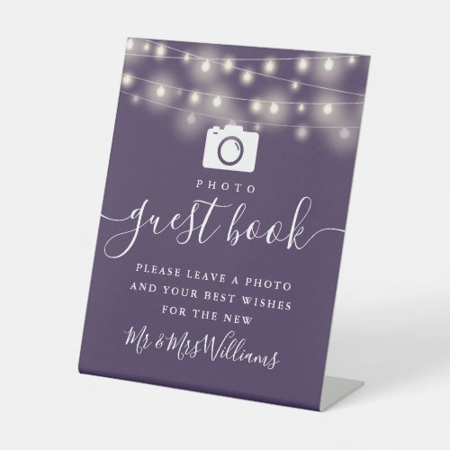 Purple String Lights Photo Guest Book Pedestal Sign