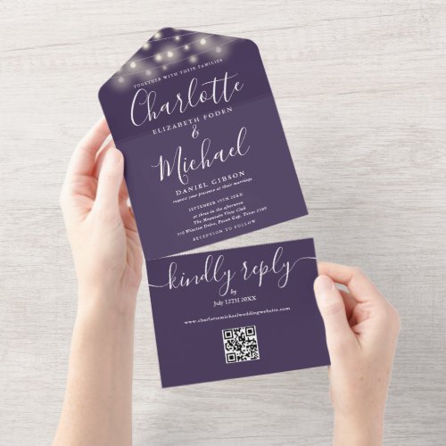 Purple String Lights QR Code Monogram Wedding  All In One Invitation