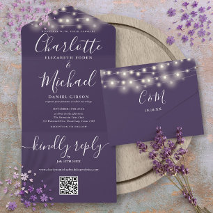 Purple String Lights QR Code Monogram Wedding All In One Invitation