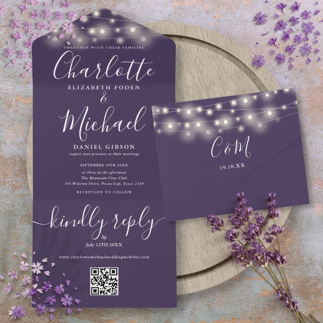 Purple String Lights QR Code Monogram Wedding  All In One Invitation (Purple String Lights QR Code Monogram Wedding All In One Invitation)