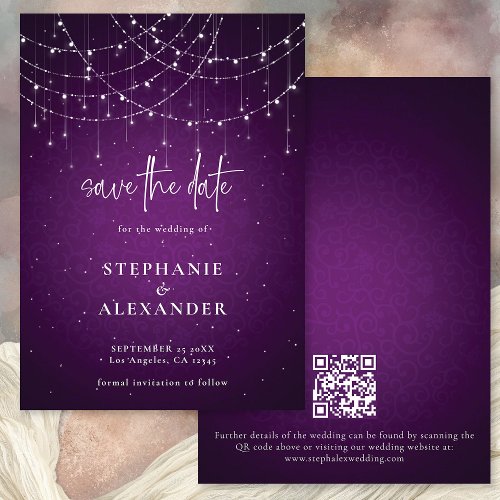 Purple String Lights QR Code Save the Date