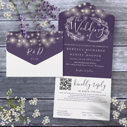 Purple String Lights QR Code Wedding All In One Invitation
