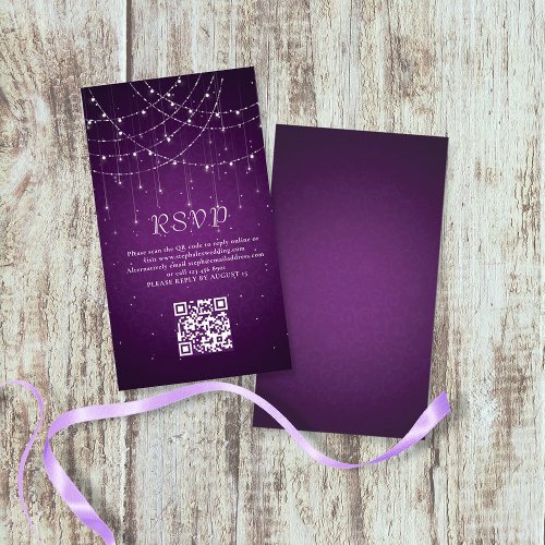 Purple String Lights QR Code Wedding RSVP Enclosure Card