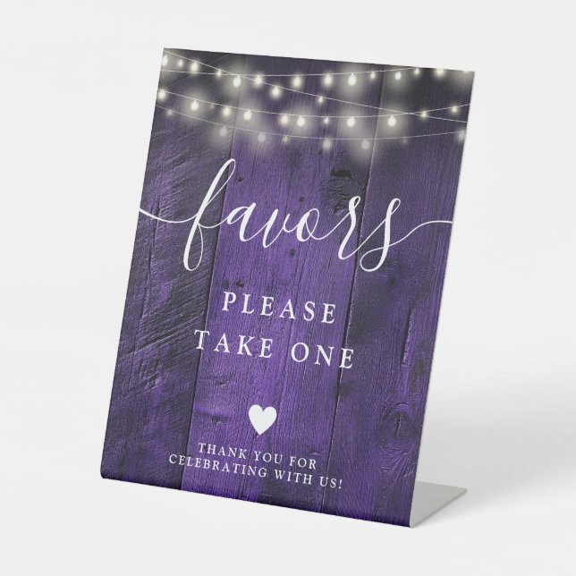 Purple String Lights Rustic Boho Barn Wood Favors Pedestal Sign (Front)