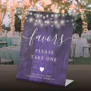 Purple String Lights Rustic Boho Barn Wood Favors Pedestal Sign