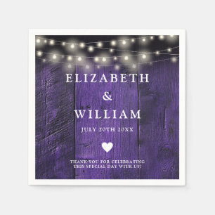 Purple String Lights Rustic Wood Boho Barn Wedding Napkins