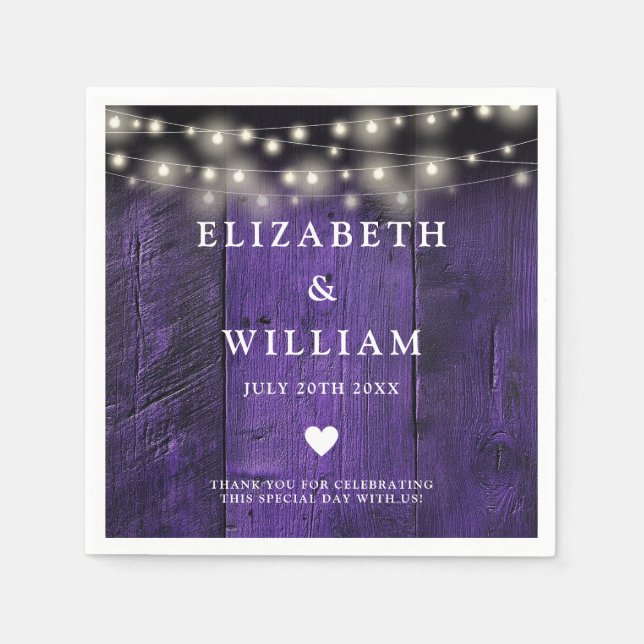 Purple String Lights Rustic Wood Boho Barn Wedding Napkins (Front)