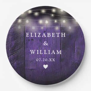Purple String Lights Rustic Wood Boho Barn Wedding Paper Plates