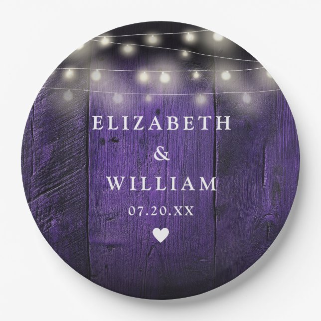 Purple String Lights Rustic Wood Boho Barn Wedding Paper Plates (Front)
