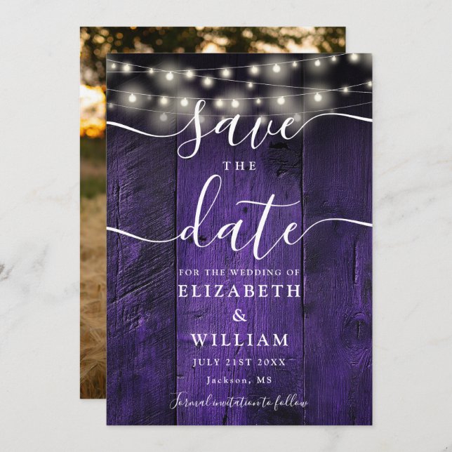 Purple String Lights Rustic Wood Photo Wedding  Save The Date (Front/Back)