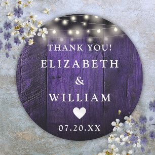 Purple String Lights Rustic Wood Wedding Favor  Classic Round Sticker