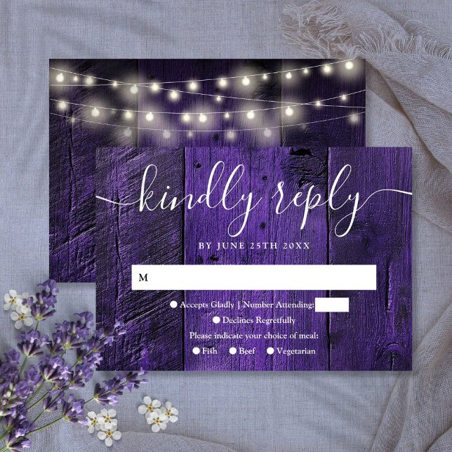 Purple String Lights Rustic Wood Western Wedding RSVP Card (Purple String Lights Rustic Wood Western Wedding RSVP Card)