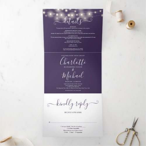 Purple String Lights Script Monogram Wedding Tri_Fold Invitation