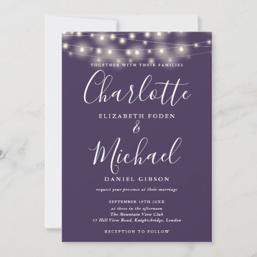 Purple String Lights Script Photo Wedding  Invitation