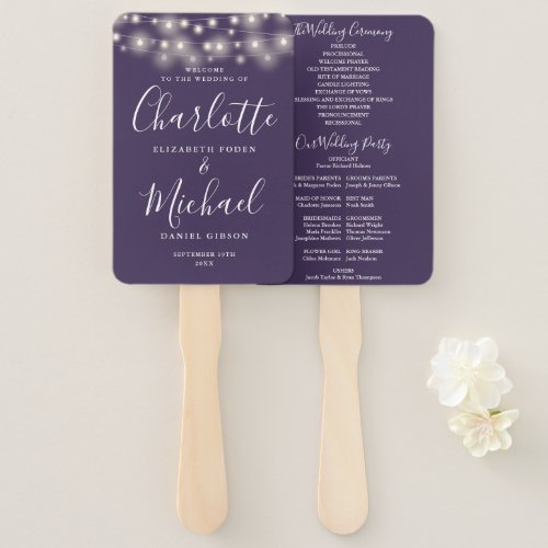 Purple String Lights Script Wedding Program Hand Fan