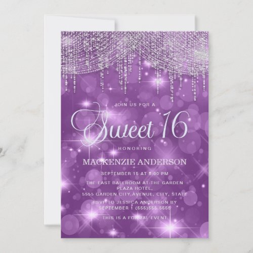 Purple String Lights Sparkle Bokeh Sweet 16 Invitation