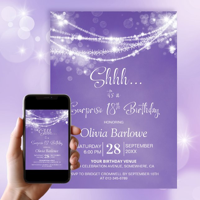 Purple String Lights Surprise 18th Birthday Party Invitation (Creator Uploaded)