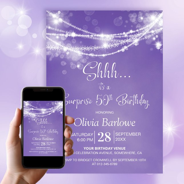 Purple String Lights Surprise 50th Birthday Party Invitation (Creator Uploaded)