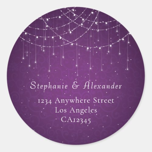 Purple String Lights Wedding Name Return Address Classic Round Sticker