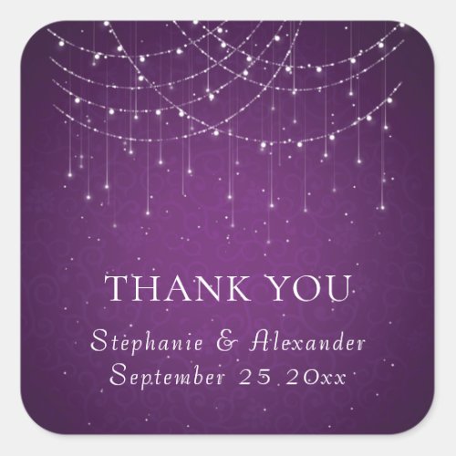 Purple String Lights Wedding Name Thank You Square Sticker