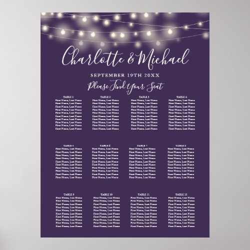 Purple String Lights Wedding Seating Chart