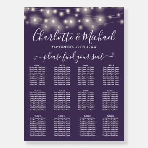 Purple String Lights Wedding Seating Chart Foam Board