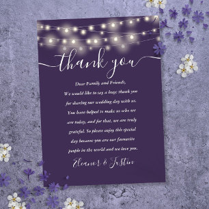 Purple String Lights Wedding Thank You Place  Card