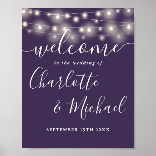 Purple String Lights Wedding Welcome Sign