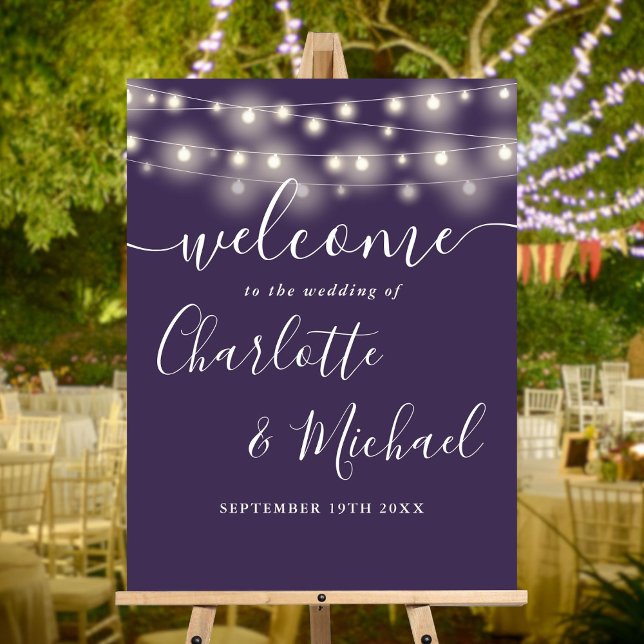 Purple String Lights Wedding Welcome Sign (Purple String Lights Wedding Welcome Sign)