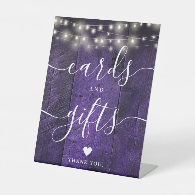 Purple String Lights Wood Script Cards And Gifts Pedestal Sign (Front)