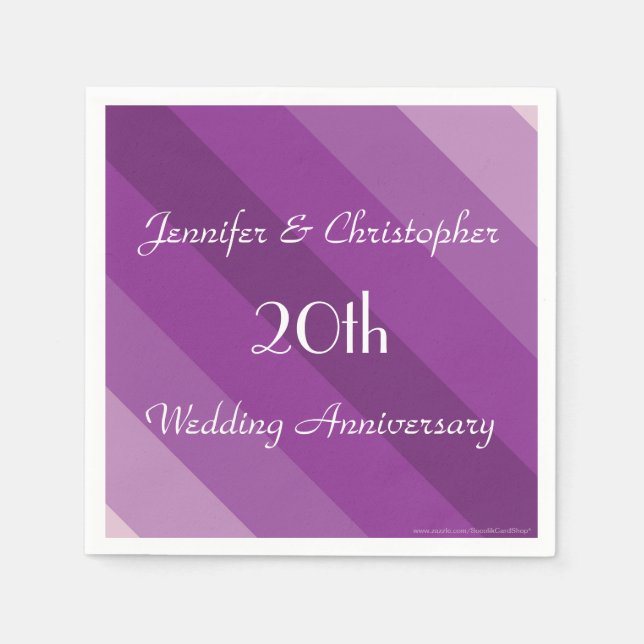 Purple Stripe 20th Wedding Anniversary Party Paper Napkins (Front)