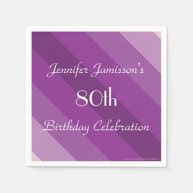 Purple Stripe 80th Birthday Party Paper Napkins (Front)