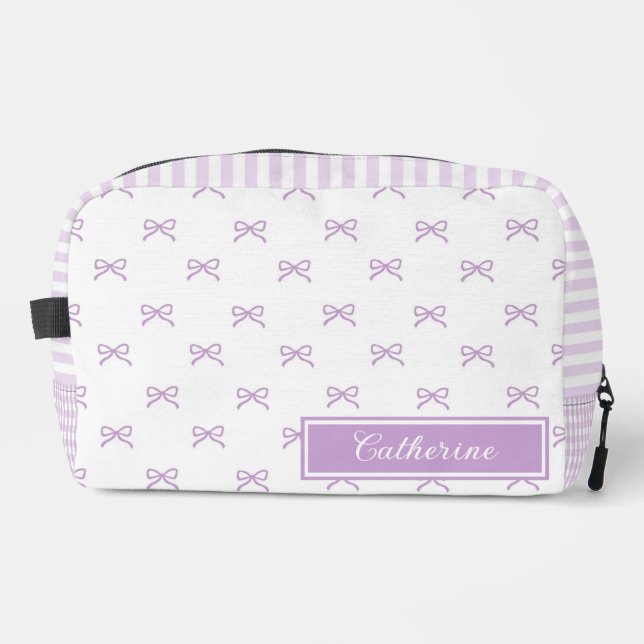 Purple Stripe Bow Pattern Coquette Cosmetic Dopp Kit (Front)
