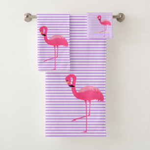 PURPLE STRIPE FLAMINGO BATHROOM TOWEL SET