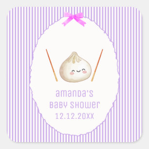 Purple Stripe Girl Bow Asian Dumpling Baby Shower Square Sticker