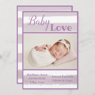 Purple Stripe Photo Baby Love Script Birth Announcement