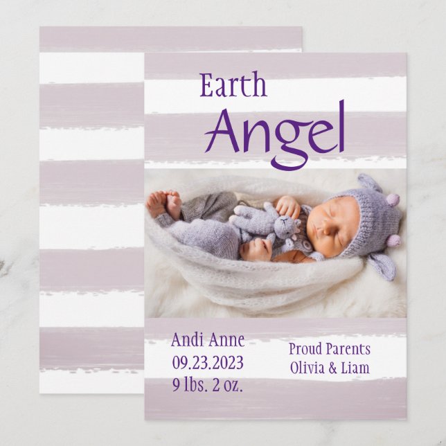 Purple Stripe Photo Earth Angel Birth Announcement (Front/Back)