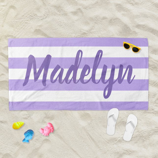 Purple Stripe Script Monogram Name Beach Towel (Creator Uploaded)
