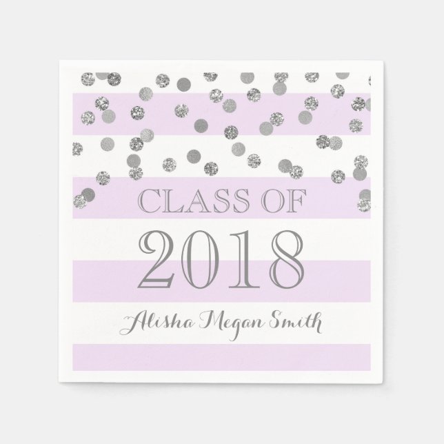 Purple Stripe Silver Confetti  2018 Graduation Paper Napkins (Front)