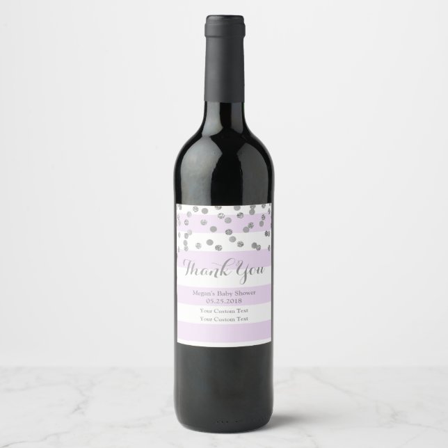 Purple Stripe Silver Confetti Baby Shower Wine Wine Label (Front)