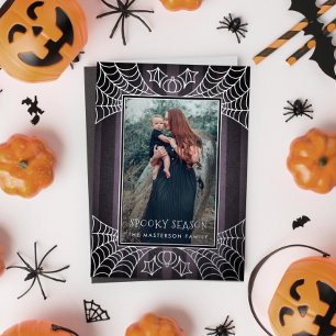 Purple stripe spiderwebs Halloween photo Foil Holiday Card